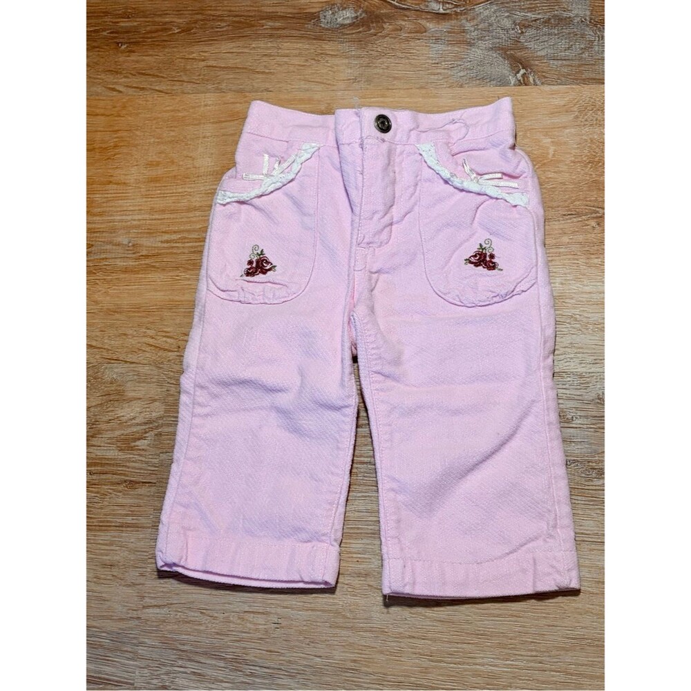 Vintage Baby Pink Embroidered Lace Pocket Pants With Elastic Waist